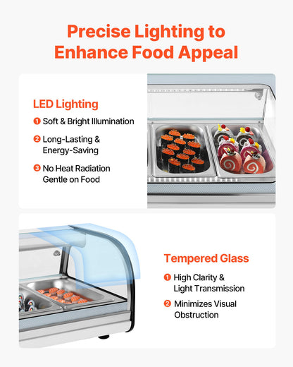 Sushi Display Case Refrigerator, 62L Commercial Sushi Case, 6-Pan Countertop Showcase with Curved Glass, LED Lighting, and Digital Temperature Control, for Sushi-Bar Counter, Restaurant, Store