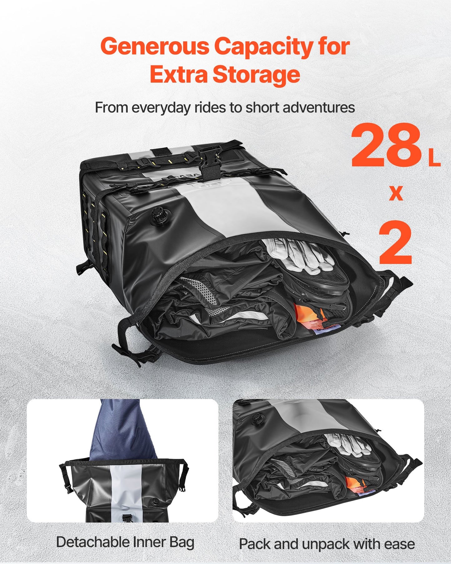 Motorcykelsadelväska, 56 L (28 L x 2) Stor sidosadelväska Kompatibel med de flesta motorcyklar, Vattentätt tyg Utomhussporter Motorcykelbagageförvaring med avtagbar innerväska, Svart