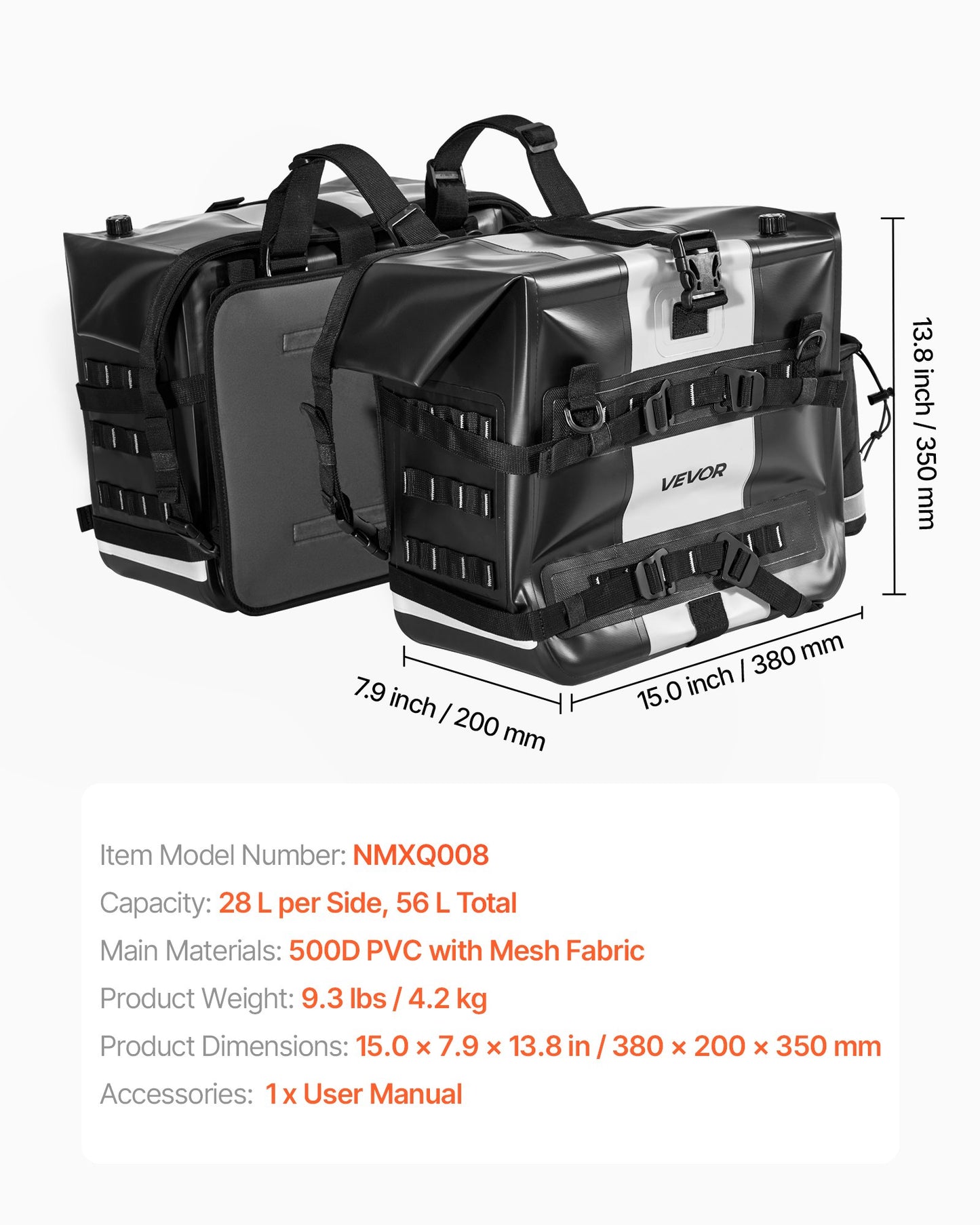 Motorcykelsadelväska, 56 L (28 L x 2) Stor sidosadelväska Kompatibel med de flesta motorcyklar, Vattentätt tyg Utomhussporter Motorcykelbagageförvaring med avtagbar innerväska, Svart
