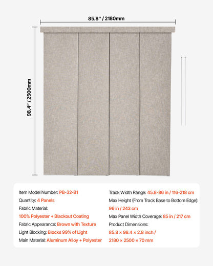 Panel Track Blinds, Extendable Track from 116 cm to 218 cm W, Trimmable Panel Curtains Up to 243cm H, Vertical Blackout Panel Blinds for Sliding Doors, Patio Doors, Room Divider, Windows, Brown