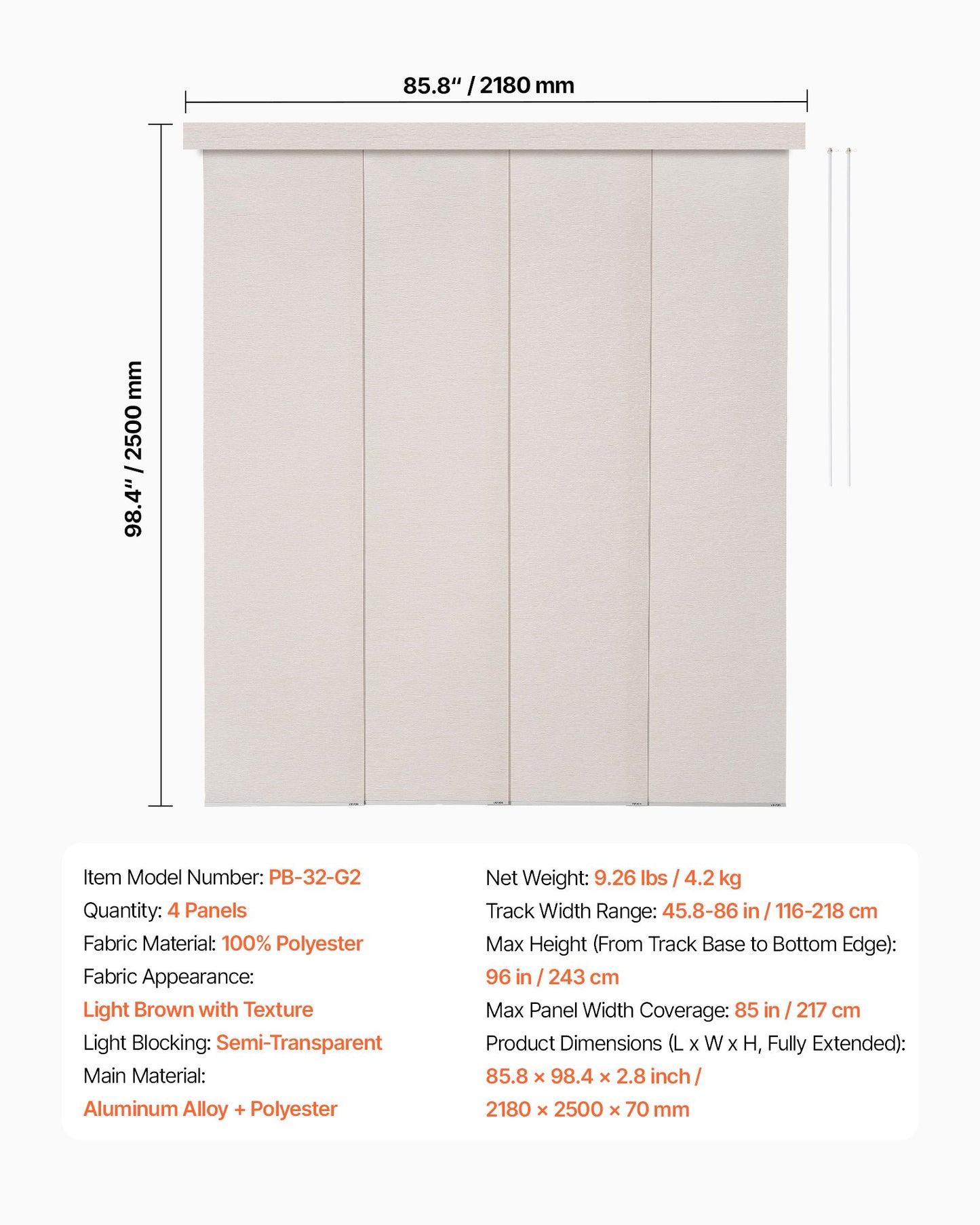 Panel Track Blinds, Extendable Track from 116 cm to 218 cm W, Trimmable Panel Curtains Up to 243cm H, Adjustable Vertical Panel Blinds for Sliding Doors, Patio Doors, Room Divider, Light Brown