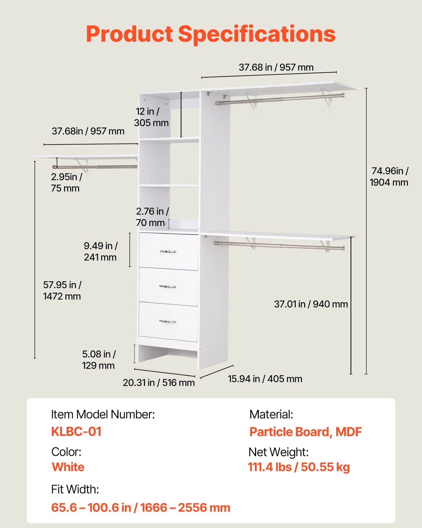 Closet System with 3 Drawers, Adjustable Height Wooden Closet Organizers, Modern Walk-in Wardrobe Organization with 3 Retractable Clothes Hanger Rods, Freestanding Garment Rack Storage, White