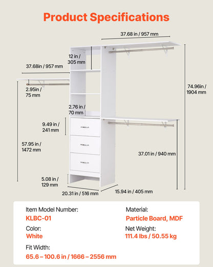 Closet System with 3 Drawers, Adjustable Height Wooden Closet Organizers, Modern Walk-in Wardrobe Organization with 3 Retractable Clothes Hanger Rods, Freestanding Garment Rack Storage, White