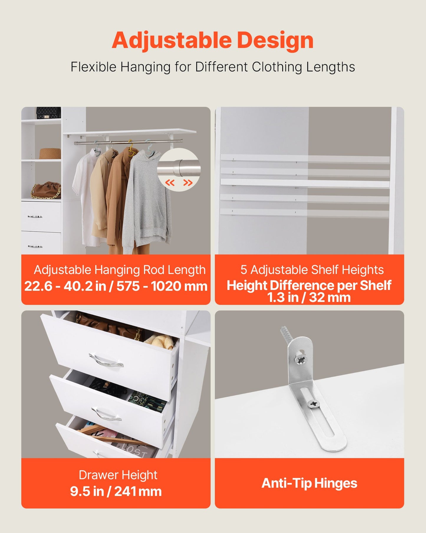 Closet System with 3 Drawers, Adjustable Height Wooden Closet Organizers, Modern Walk-in Wardrobe Organization with 3 Retractable Clothes Hanger Rods, Freestanding Garment Rack Storage, White