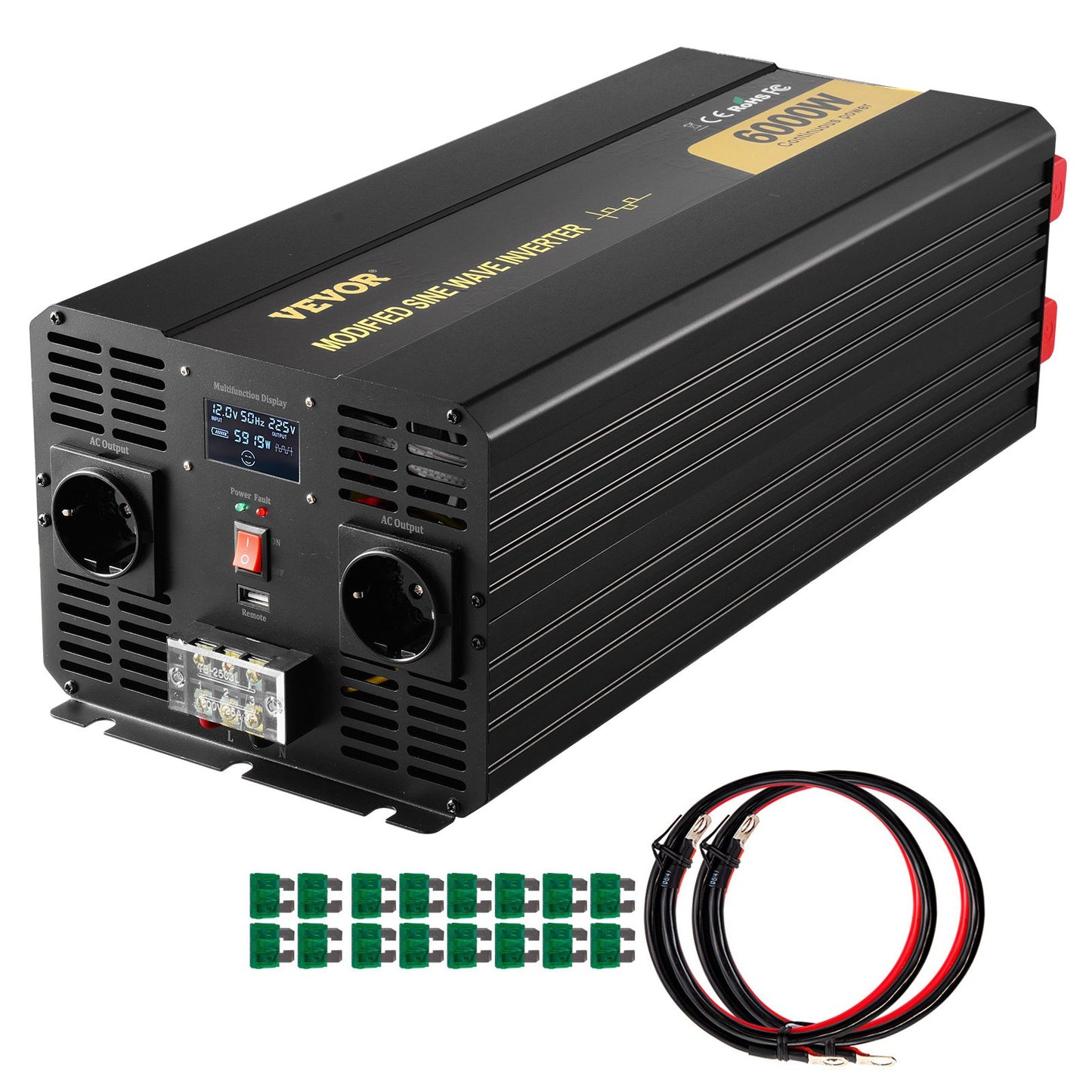 Power Inverter, 6000W, Modified Sine Wave Inverter DC 12V to AC 230V Car Converter with LCD Display Remote Controller, LED Indicators EU Outlets Power Inverter, for Car RV Truck Boat Travel Camping