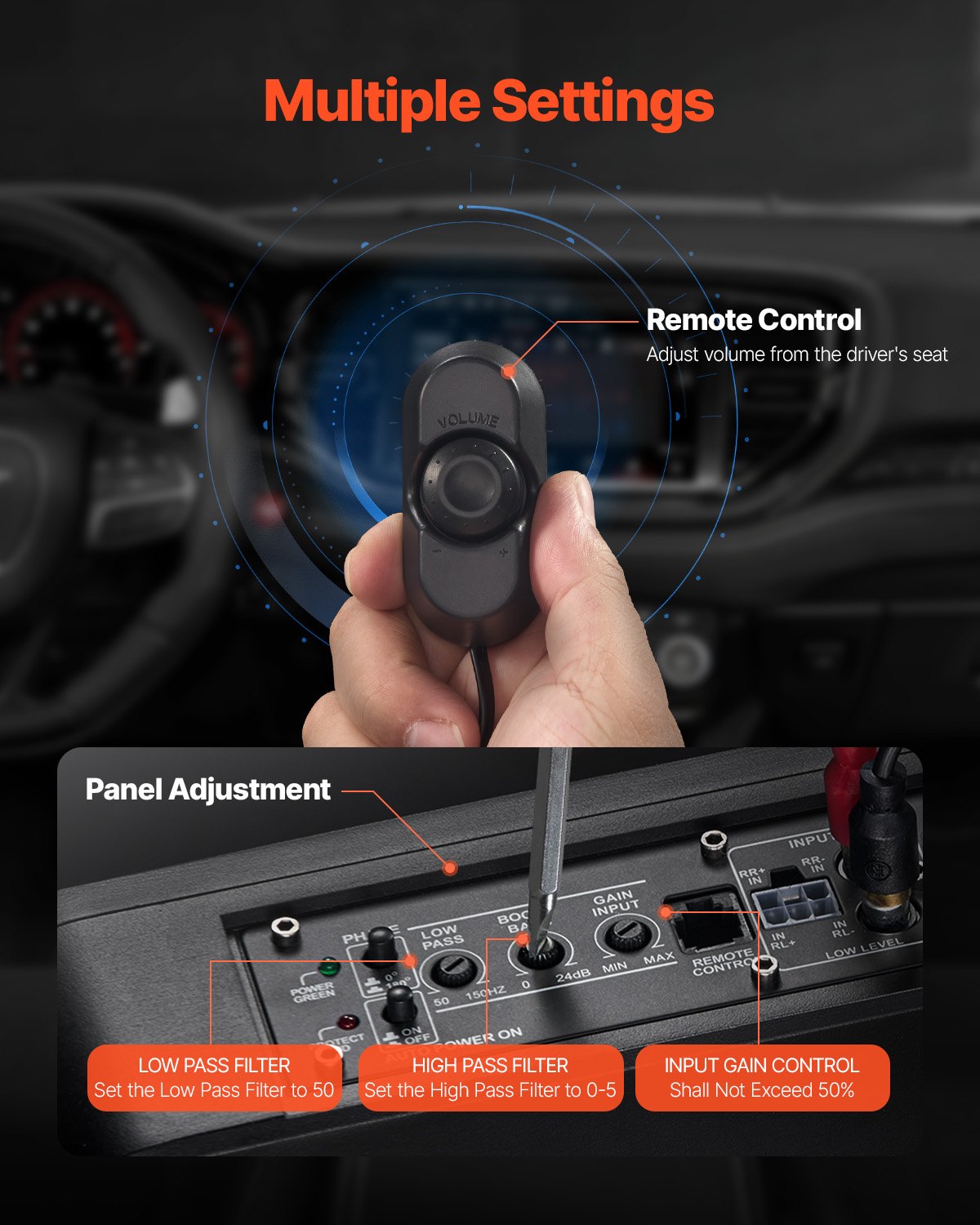 10" 440W subwoofer för undersätet, smala, drivna subwoofers med blått omgivningsljus, lågprofilsubwoofer under sätet med inbyggd förstärkare, fjärrkontroll för stadsjeepar, bil, lastbil, husbil