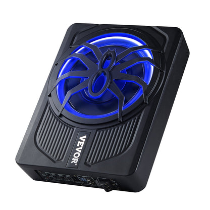 10" 440W subwoofer för undersätet, smala, drivna subwoofers med blått omgivningsljus, lågprofilsubwoofer under sätet med inbyggd förstärkare, fjärrkontroll för stadsjeepar, bil, lastbil, husbil