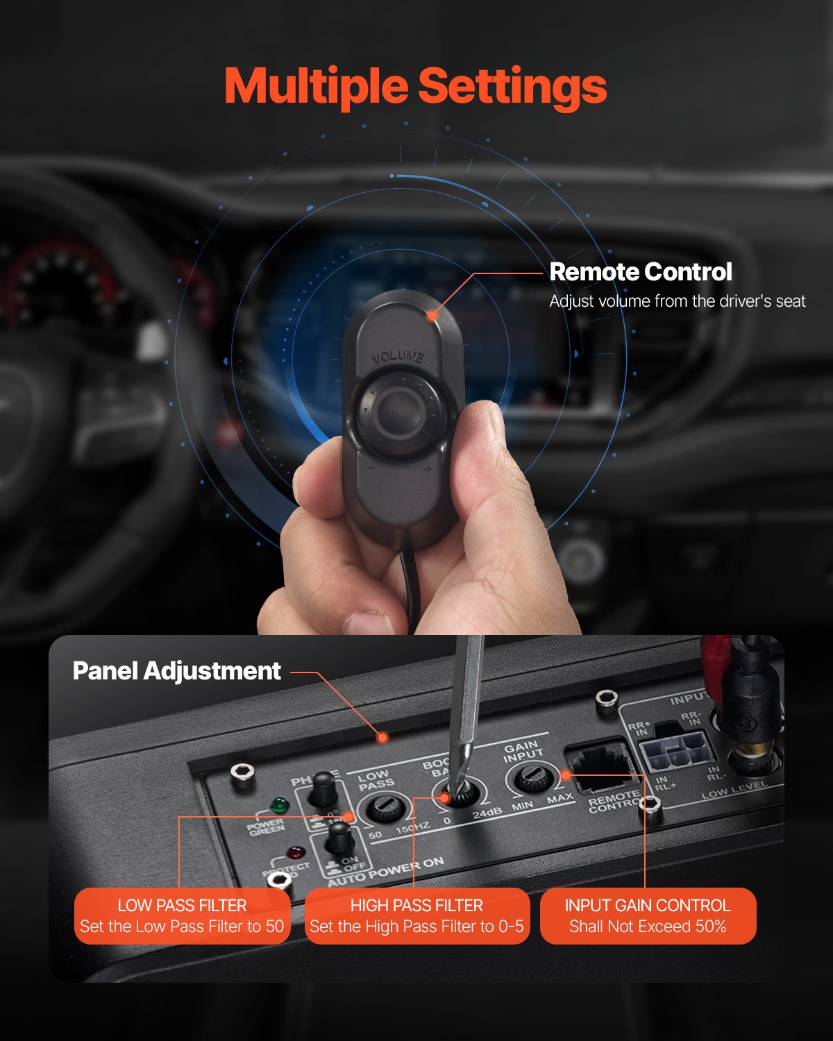 8" 300W subwoofer för undersätet, smala, drivna subwoofers för bil under sätet, inbyggd lågprofilsubwooferförstärkare, hög-/lågnivåingång och volymkontroll för stadsjeepar, bil, lastbil, husbil