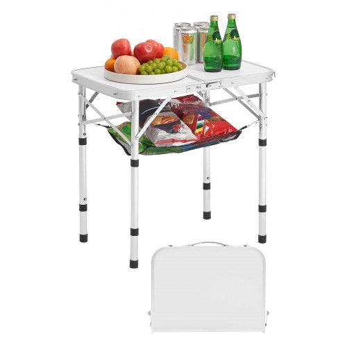 Hopfällbart campingbord, justerbara bärbara sidobord, strandbord i aluminium och MDF med nätlager, bärhandtag, lätt och kompakt för utomhuspicknick och grillmatlagning, 61x40 cm, silver