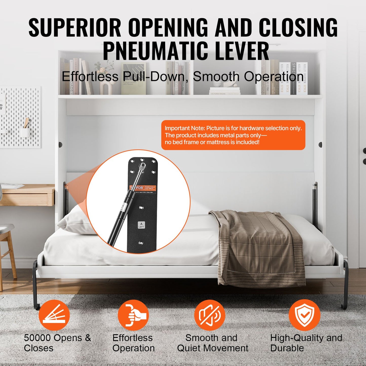 Murphy Bed Kit, Full Size, Deluxe DIY Wall Bed Mechanical Hardware Kit, Pneumatic Lever Heavy Duty Bed Frame Support, Folding Cabinet Wall Bed Space Saving Design for Guestroom, Easy to Build