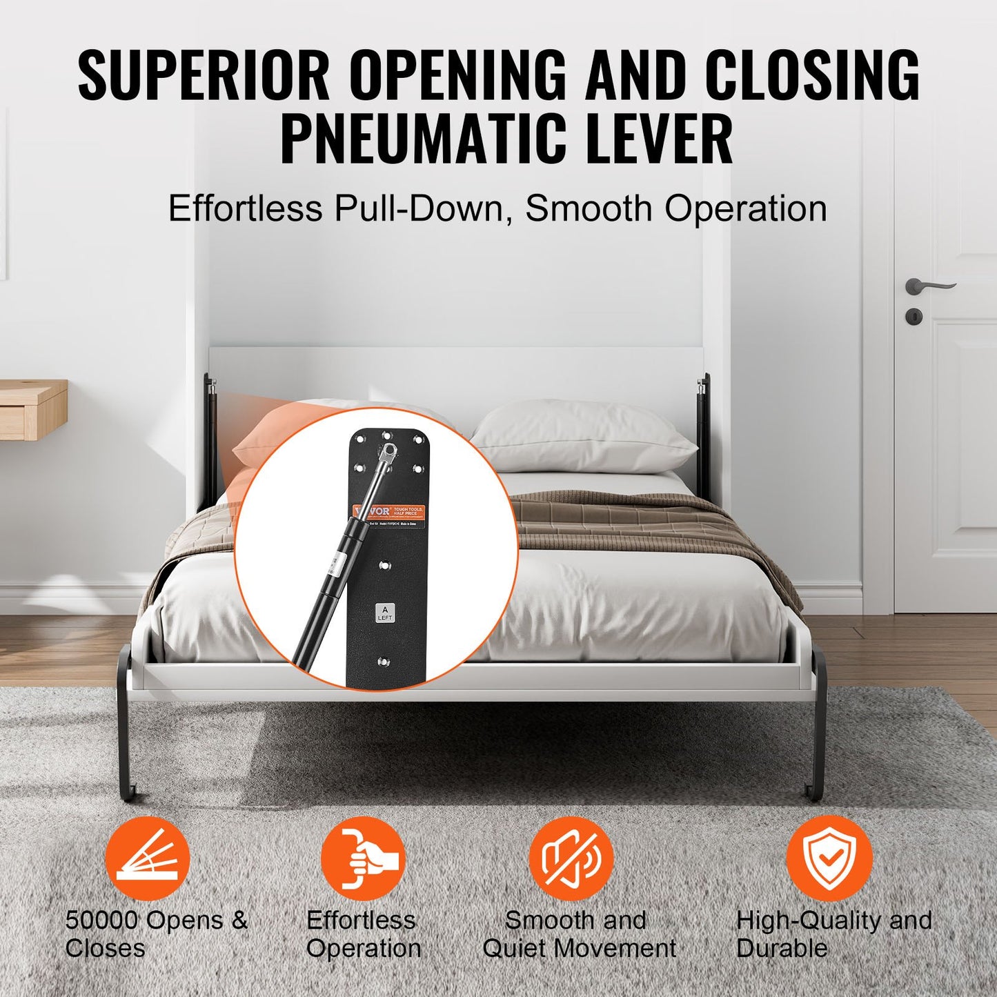 Murphy Bed Kit, Full Size, Vertical Deluxe DIY Wall Bed Mechanical Hardware Kit, Pneumatic Lever Heavy Duty Bed Frame Support, Folding Cabinet Wall Bed Space Saving Design for Guestroom