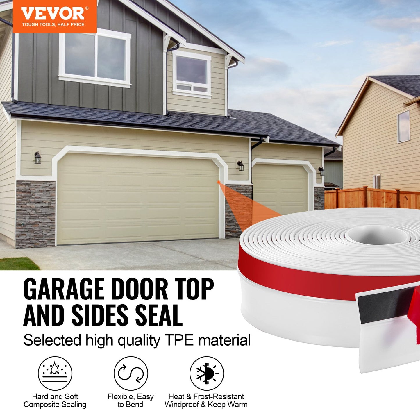 Garage Door Seal Top and Sides Seal Strip, 34 FT Universal Weather Stripping Replacement Soft and Hard Composite, Weatherproofing Garage Door TPE Seals with Adhesive Backed and Screws, White