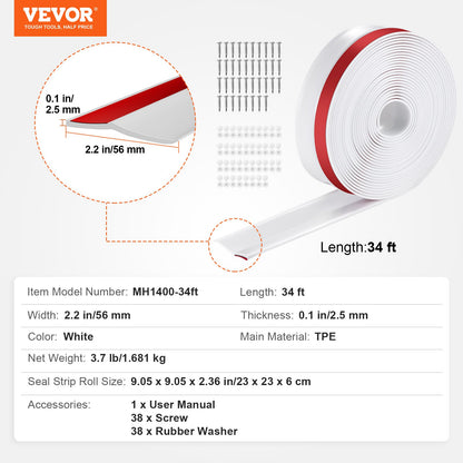 Garage Door Seal Top and Sides Seal Strip, 34 FT Universal Weather Stripping Replacement Soft and Hard Composite, Weatherproofing Garage Door TPE Seals with Adhesive Backed and Screws, White