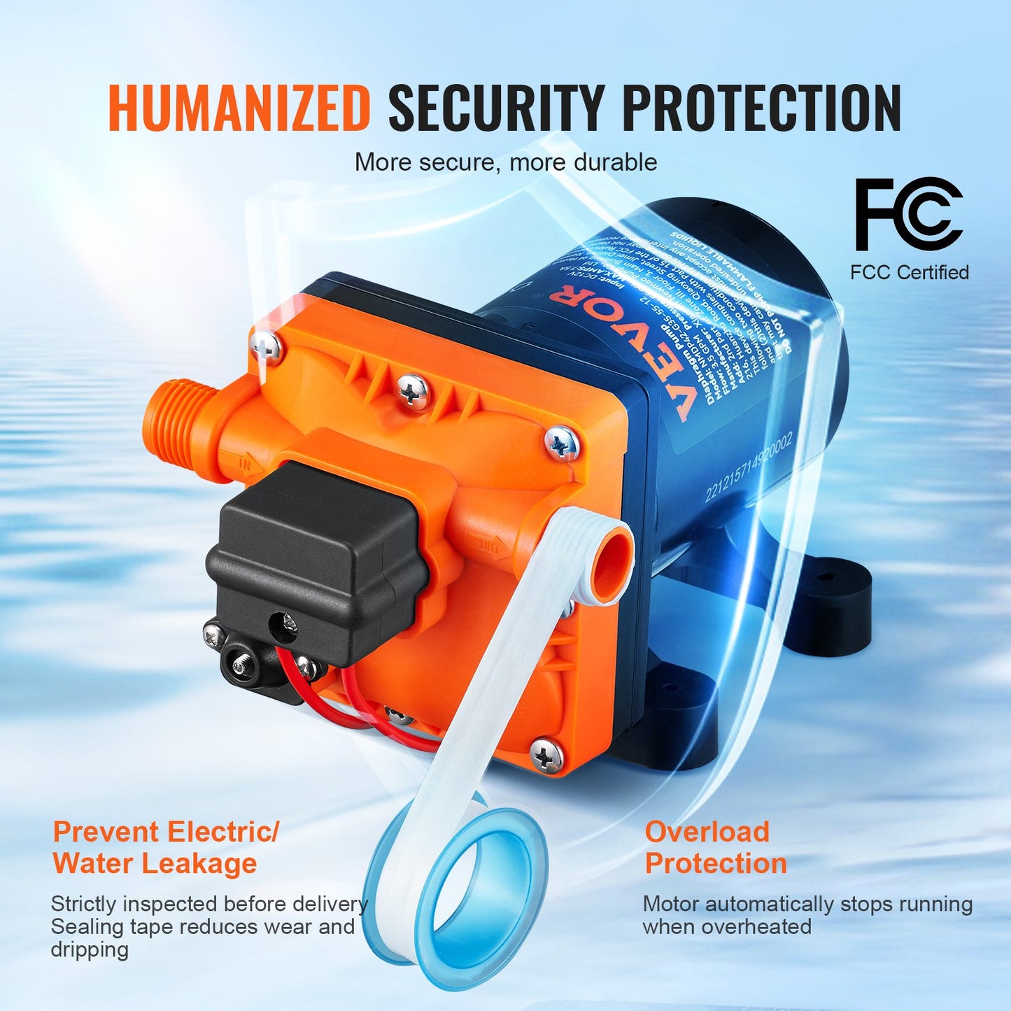 Water Diaphragm Pump, 13.25 liters, 55 PSI Rated Pressure (40-80 PSI Adjustable), 12.7mm MNPT Self Priming Sprayer Pump with Pressure Switch for RV Camper Marine Boat Lawn, FCC Certified