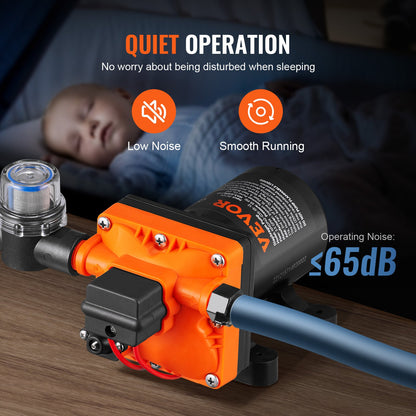 Water Diaphragm Pump, 13.25 liters, 55 PSI Rated Pressure (40-80 PSI Adjustable), 12.7mm MNPT Self Priming Sprayer Pump with Pressure Switch for RV Camper Marine Boat Lawn, FCC Certified