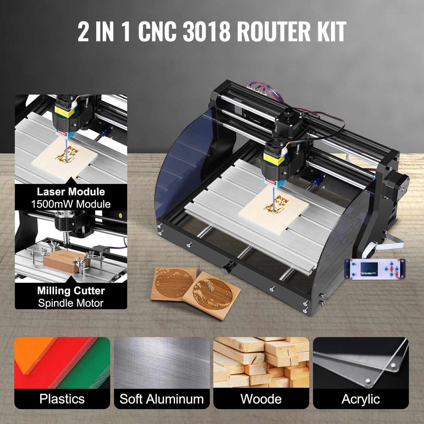 Graveringsmaskin 300×180×45 mm CNC-router CNC 3018 Pro 15W lasergravör GRBL-styrd 3-axlig lasergraveringsmaskin, med offline-styrenhet, för snidning av plast, akryl, PVC, trä