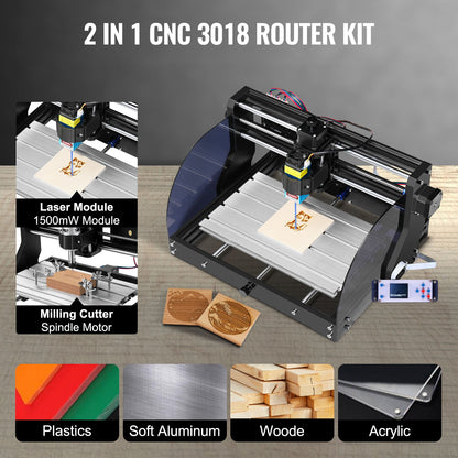 Graveringsmaskin 300×180×45 mm CNC-router CNC 3018 Pro 15W lasergravör GRBL-styrd 3-axlig lasergraveringsmaskin, med offline-styrenhet, för snidning av plast, akryl, PVC, trä
