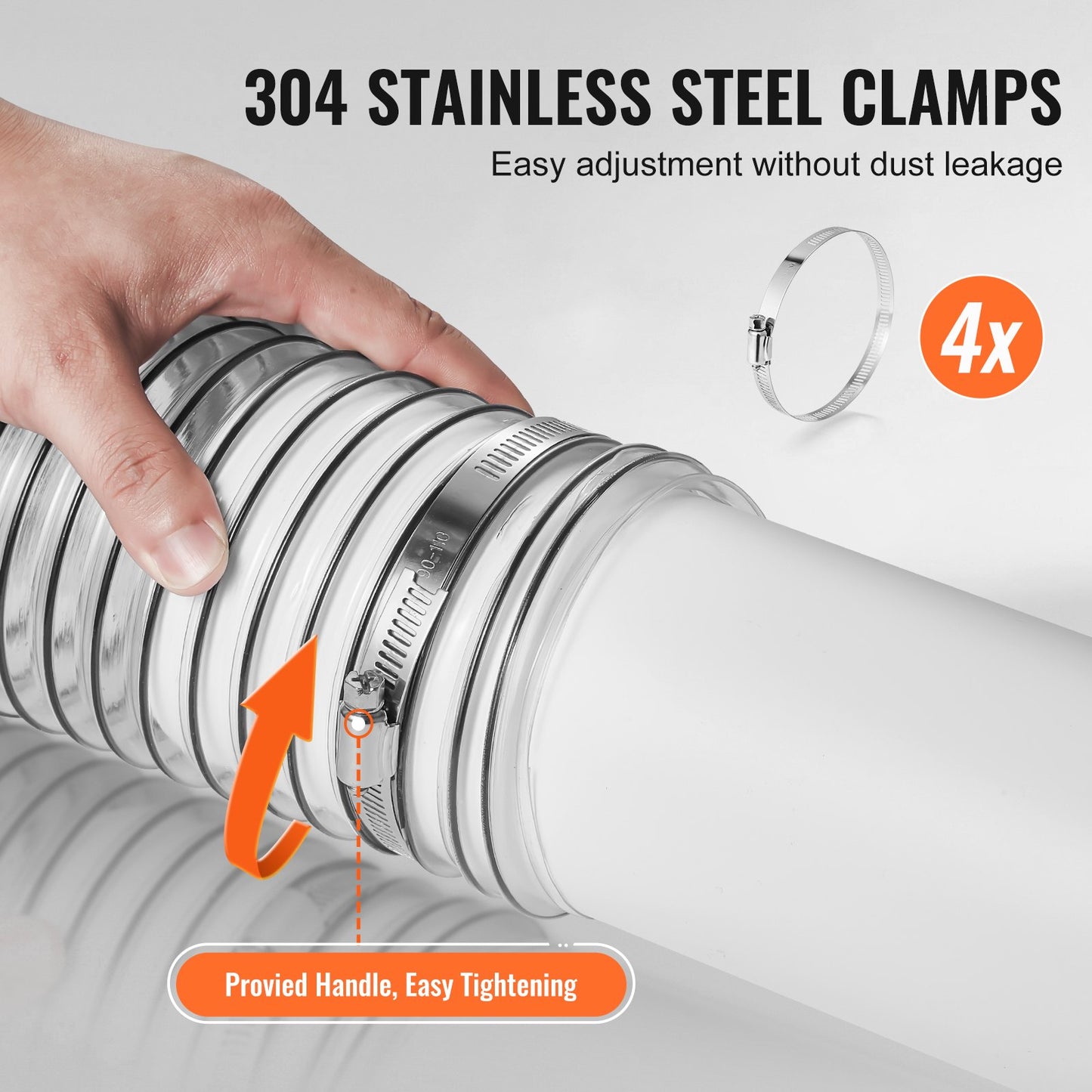 Dust Collection Hose, 4" x 50', Thickened PVC Material Puncture-Resistant Flexible Clear Hose with Carbon Steel Wire Coil 4 x 304 Stainless Clamps, for Table Saw, Band Saw, Planer, Jointer