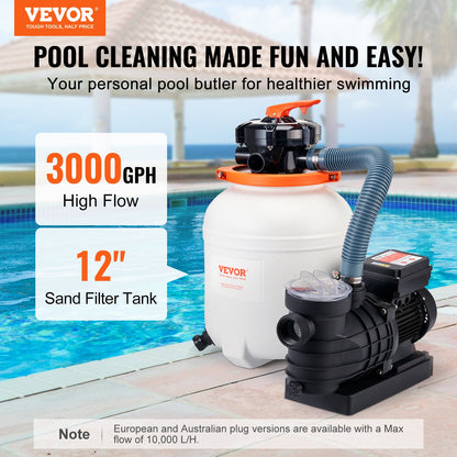 Sand Filter Pump for Above Ground Pools, 300 mm/12-inch, 10,000 L/H, 285W Swimming Pool Pumps System & Filters Combo Set with 6-Way Multi-Port Valve & Strainer Basket, for Domestic and Commercial Pools