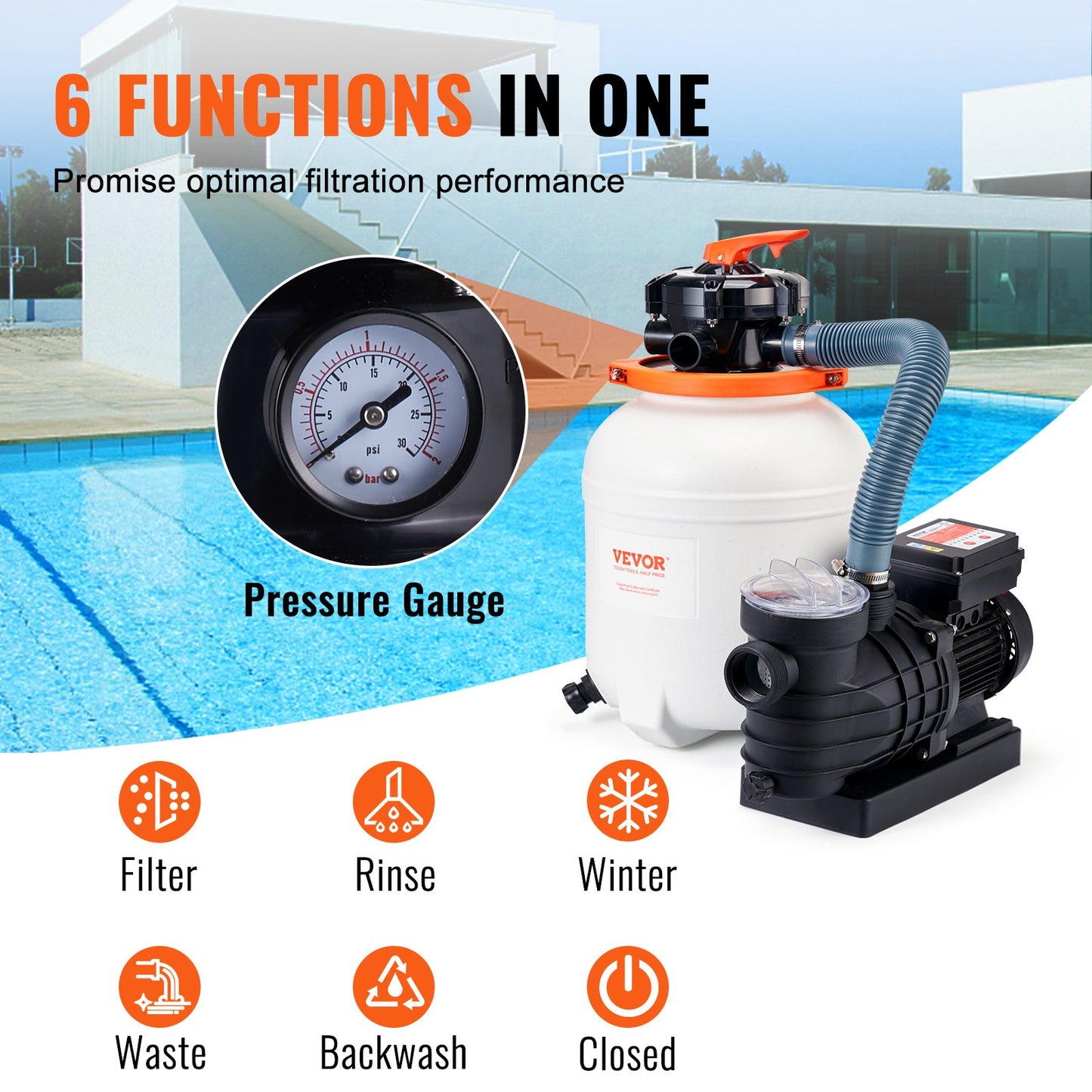Sand Filter Pump for Above Ground Pools, 300 mm/12-inch, 10,000 L/H, 285W Swimming Pool Pumps System & Filters Combo Set with 6-Way Multi-Port Valve & Strainer Basket, for Domestic and Commercial Pools
