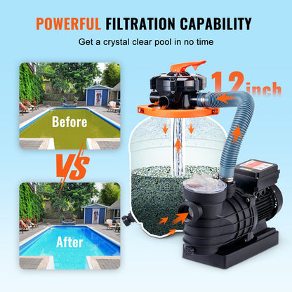 Sand Filter Pump for Above Ground Pools, 300 mm/12-inch, 10,000 L/H, 285W Swimming Pool Pumps System & Filters Combo Set with 6-Way Multi-Port Valve & Strainer Basket, for Domestic and Commercial Pools
