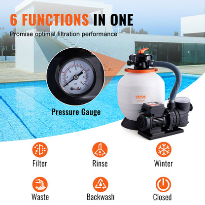 Sand Filter Pump for Above Ground Pools, 350 mm/14 inch, 13,000 L/H, 450W Swimming Pool Pumps System & Filters Combo Set with 6-Way Multi-Port Valve & Strainer Basket, for Domestic and Commercial Pools