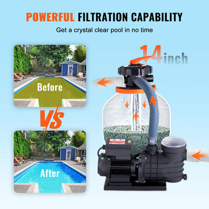 Sand Filter Pump for Above Ground Pools, 350 mm/14 inch, 13,000 L/H, 450W Swimming Pool Pumps System & Filters Combo Set with 6-Way Multi-Port Valve & Strainer Basket, for Domestic and Commercial Pools