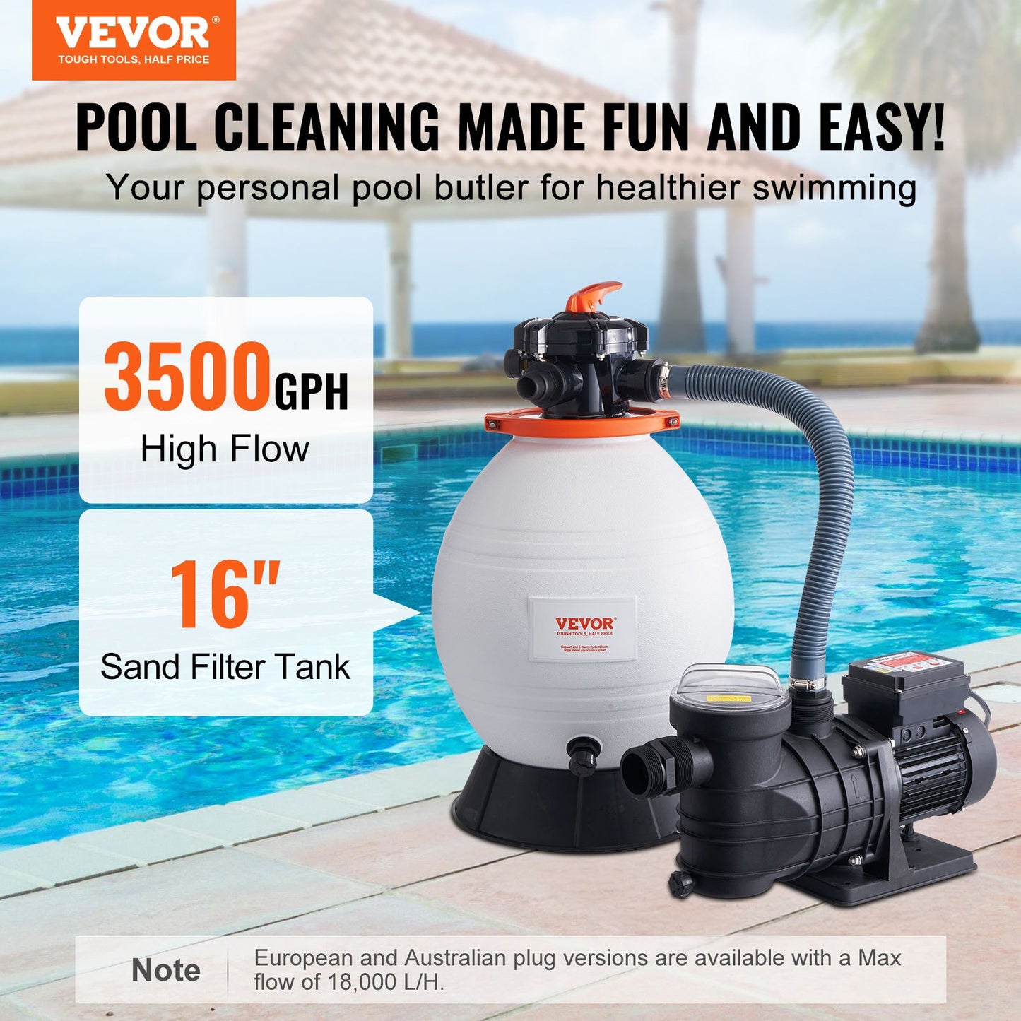 Sand Filter Pump for Above Ground Pools, 400 mm/16-inch, 18,000 L/H, 850W Swimming Pool Pumps System & Filters Combo Set with 6-Way Multi-Port Valve and Strainer Basket, for Domestic and Commercial Pools