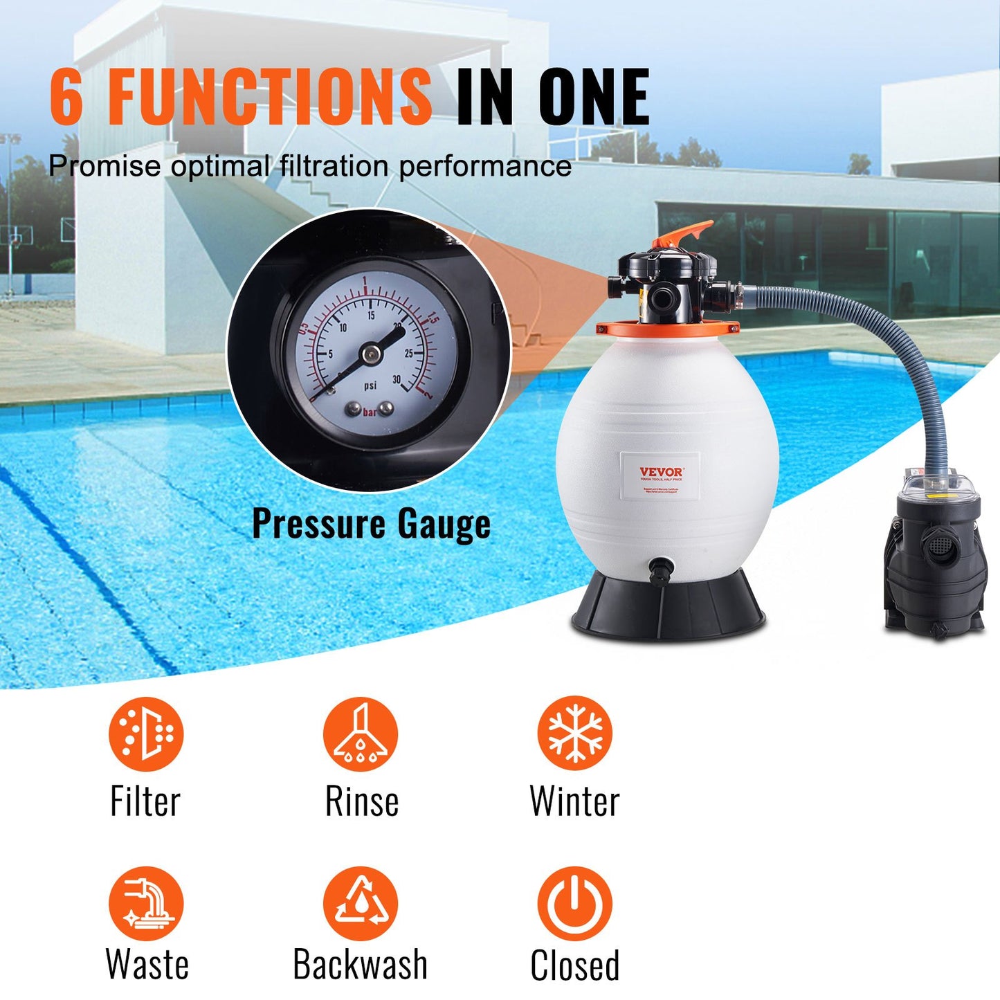 Sand Filter Pump for Above Ground Pools, 400 mm/16-inch, 18,000 L/H, 850W Swimming Pool Pumps System & Filters Combo Set with 6-Way Multi-Port Valve and Strainer Basket, for Domestic and Commercial Pools