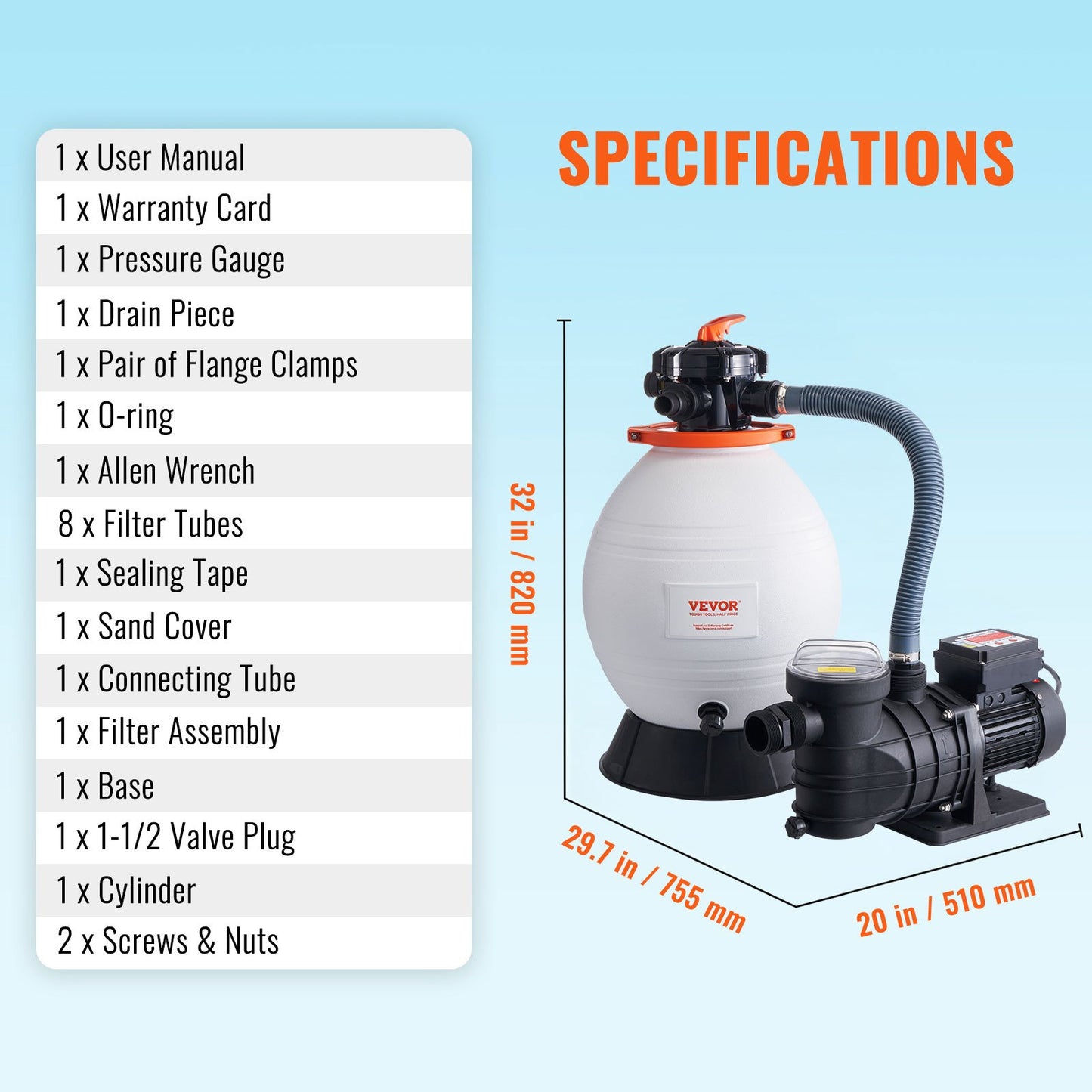 Sand Filter Pump for Above Ground Pools, 400 mm/16-inch, 18,000 L/H, 850W Swimming Pool Pumps System & Filters Combo Set with 6-Way Multi-Port Valve and Strainer Basket, for Domestic and Commercial Pools