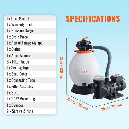 Sand Filter Pump for Above Ground Pools, 400 mm/16-inch, 18,000 L/H, 850W Swimming Pool Pumps System & Filters Combo Set with 6-Way Multi-Port Valve and Strainer Basket, for Domestic and Commercial Pools