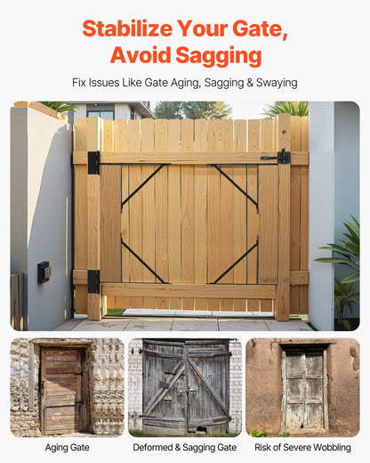 Gate Corner Brace Bracket, Anti Sag Gate Frame Hardware Kit, Gate Frame Brace Bracket with Latch Lock, Latch Lock Rope, for Shed Doors, Corral Gates, Driveway Gates, Stable Gates, Iron, Black