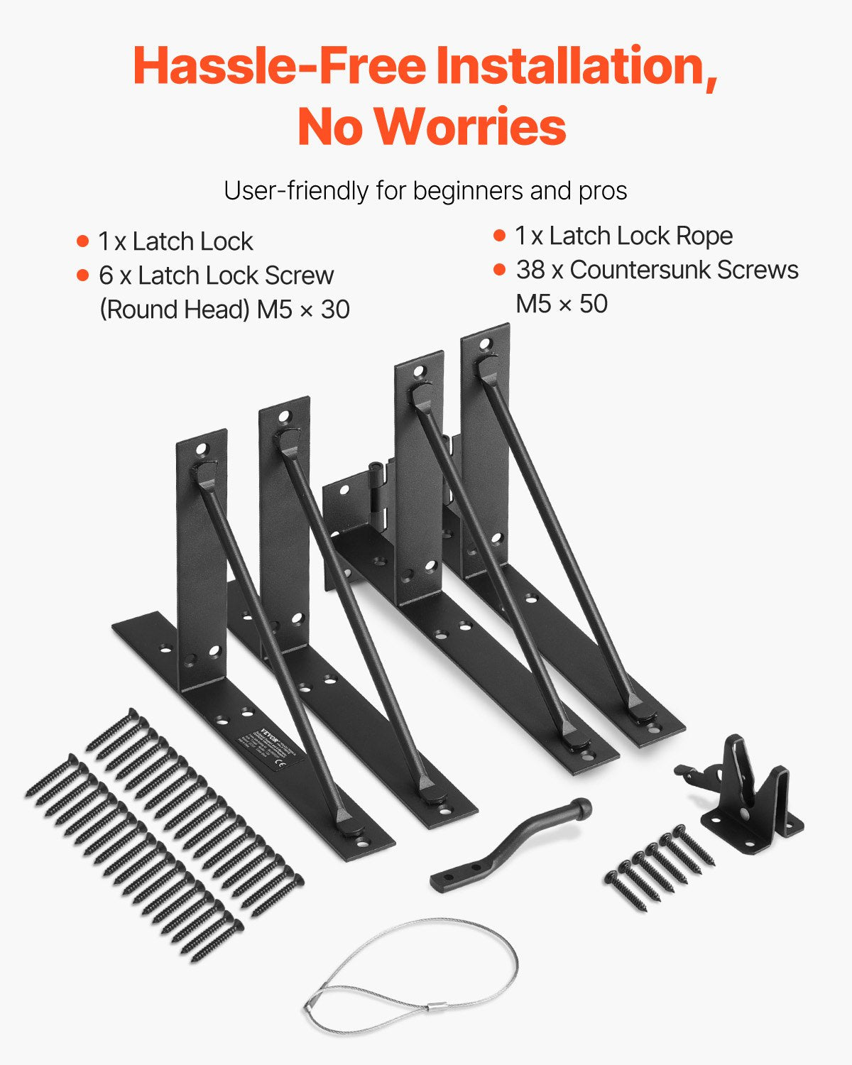 Gate Corner Brace Bracket, Anti Sag Gate Frame Hardware Kit, Gate Frame Brace Bracket with Latch Lock, Latch Lock Rope, for Shed Doors, Corral Gates, Driveway Gates, Stable Gates, Iron, Black