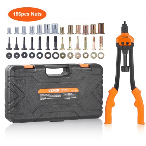 Rivet Nut Tool, 40.6 cm Rivnut Tool Kit with 13PCS Metric and SAE Mandrels, 186PCS Rivet Nuts, M3, M4, 10-24, M5, M6, 1/4-20, 8-32, 5/16-18, M8, 3/8-16, M10, M12, 1/2-13, With Carrying Case