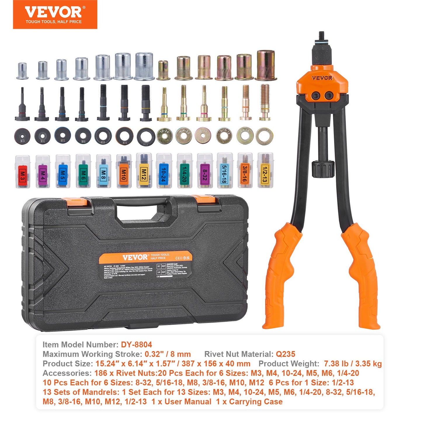 Rivet Nut Tool, 40.6 cm Rivnut Tool Kit with 13PCS Metric and SAE Mandrels, 186PCS Rivet Nuts, M3, M4, 10-24, M5, M6, 1/4-20, 8-32, 5/16-18, M8, 3/8-16, M10, M12, 1/2-13, With Carrying Case