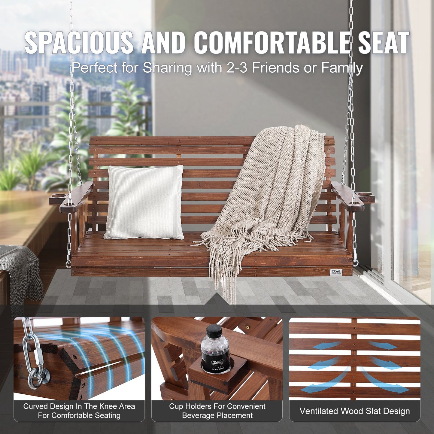 Wooden Porch Swing 5.5 ft, Patio bench swing for Courtyard & Garden, Upgraded 880 lbs Strong Load Capacity, Heavy Duty Swing Chair Bench with Hanging Chains for Outdoors, Brown