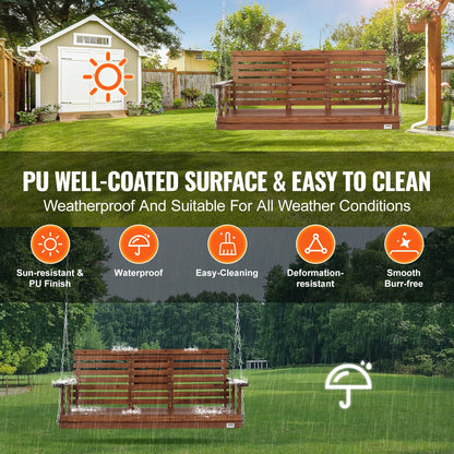 Träverandagunga 1,5 meter, uteplatsgunga för innergård och trädgård, uppgraderad 380 kg stark lastkapacitet, kraftig gungbänk med hängande kedjor för utomhusbruk, brun