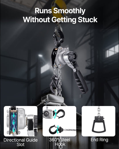 Manuell kättingtelfer, 1/2T 500 kg kapacitet, kraftig lyftanordning, 6 m lyftkedja i G80-legerat stål med dubbel spärrhake, 360° roterande krokar, för lager, garage