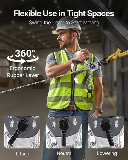 Manuell kättingtelfer, 1/2T 500 kg kapacitet, kraftig lyftanordning, 6 m lyftkedja i G80-legerat stål med dubbel spärrhake, 360° roterande krokar, för lager, garage