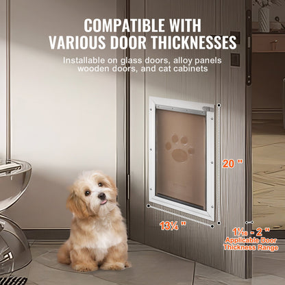 Pet Door, 13.27" x 20.04" Aluminum Frame with Lock and Flap System, Weatherproof Doggy Door, Easy to Install in Interior or Exterior Doors, Pet Door Suitable for Cat Doggie Kitties (White-L)