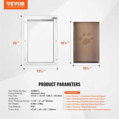 Pet Door, 13.27" x 20.04" Aluminum Frame with Lock and Flap System, Weatherproof Doggy Door, Easy to Install in Interior or Exterior Doors, Pet Door Suitable for Cat Doggie Kitties (White-L)