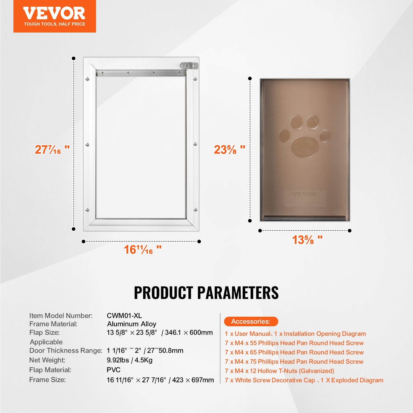 Pet Door, 16.65" x 27.44" Aluminum Frame with Lock and Flap System, Weatherproof Doggy Door, Easy to Install in Interior or Exterior Doors, Pet Door Suitable for Cat Doggie Kitties (White-XL)