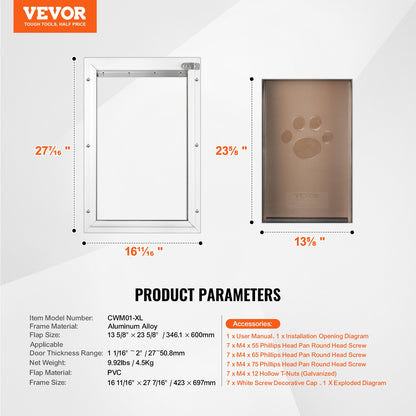 Pet Door, 16.65" x 27.44" Aluminum Frame with Lock and Flap System, Weatherproof Doggy Door, Easy to Install in Interior or Exterior Doors, Pet Door Suitable for Cat Doggie Kitties (White-XL)