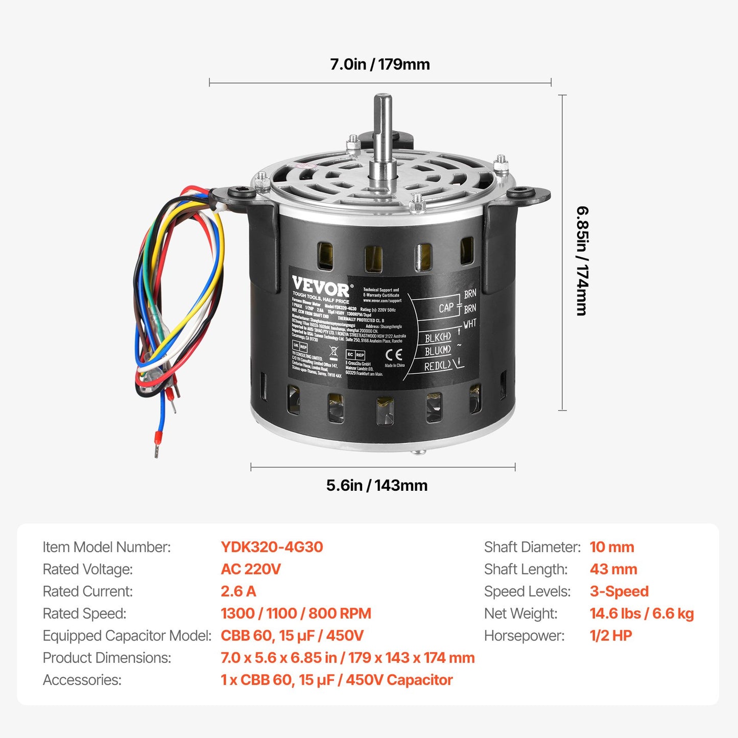1/2 hk fläktmotor för ugn, 220 V 2,6 A, 1300 rpm 3-växlad, 10 mm axeldiameter, 20 mm axellängd, roterar moturs från axeländen, inkluderar CBB60 15 μF/450 V kondensator