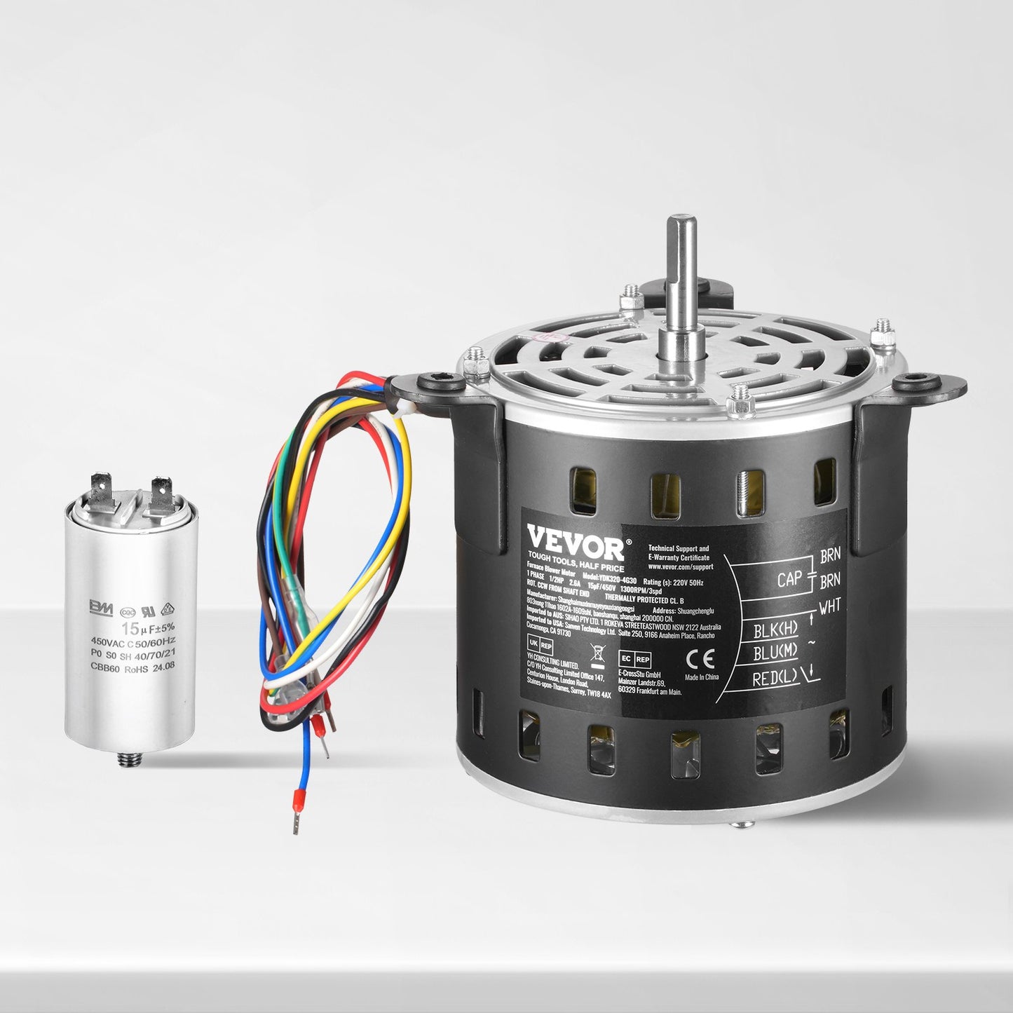 1/2 hk fläktmotor för ugn, 220 V 2,6 A, 1300 rpm 3-växlad, 10 mm axeldiameter, 20 mm axellängd, roterar moturs från axeländen, inkluderar CBB60 15 μF/450 V kondensator