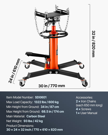 Transmission Jack, 600 kg Hydraulic Telescoping Transmission Jack, 81 -170 cm High Lift Floor Jack Stand with Foot Pedal, 360° Swivel Wheel, Hydraulic Transmission Jack Garage/Shop Lift Hoist