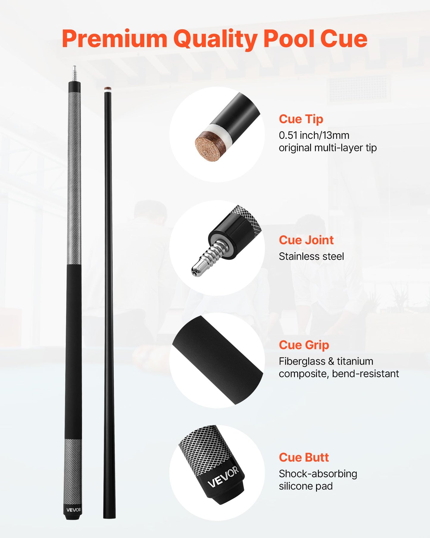 Biljardkö, 1 st. biljardklubba, 1473,2 mm och 595 g glasfiber i titankomposit, biljardkö med flerskiktsspets, biljardklubbor för professionellt biljardbord, bar, biljardspel hemma, kontor