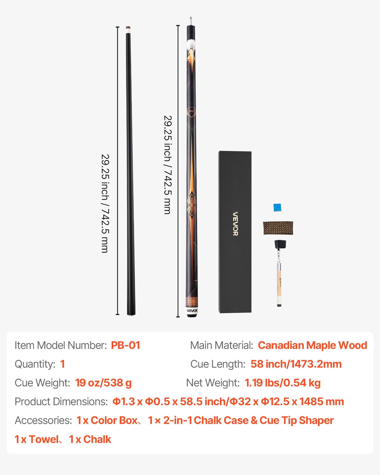 Biljardkö, 1 st. biljardkö, 1473,2 mm och 538 g kanadensisk lönnträ, biljardkö med flerskiktsspets och ABS-kopplingsring, biljardköer för professionellt biljardbord, bar, hem, kontor