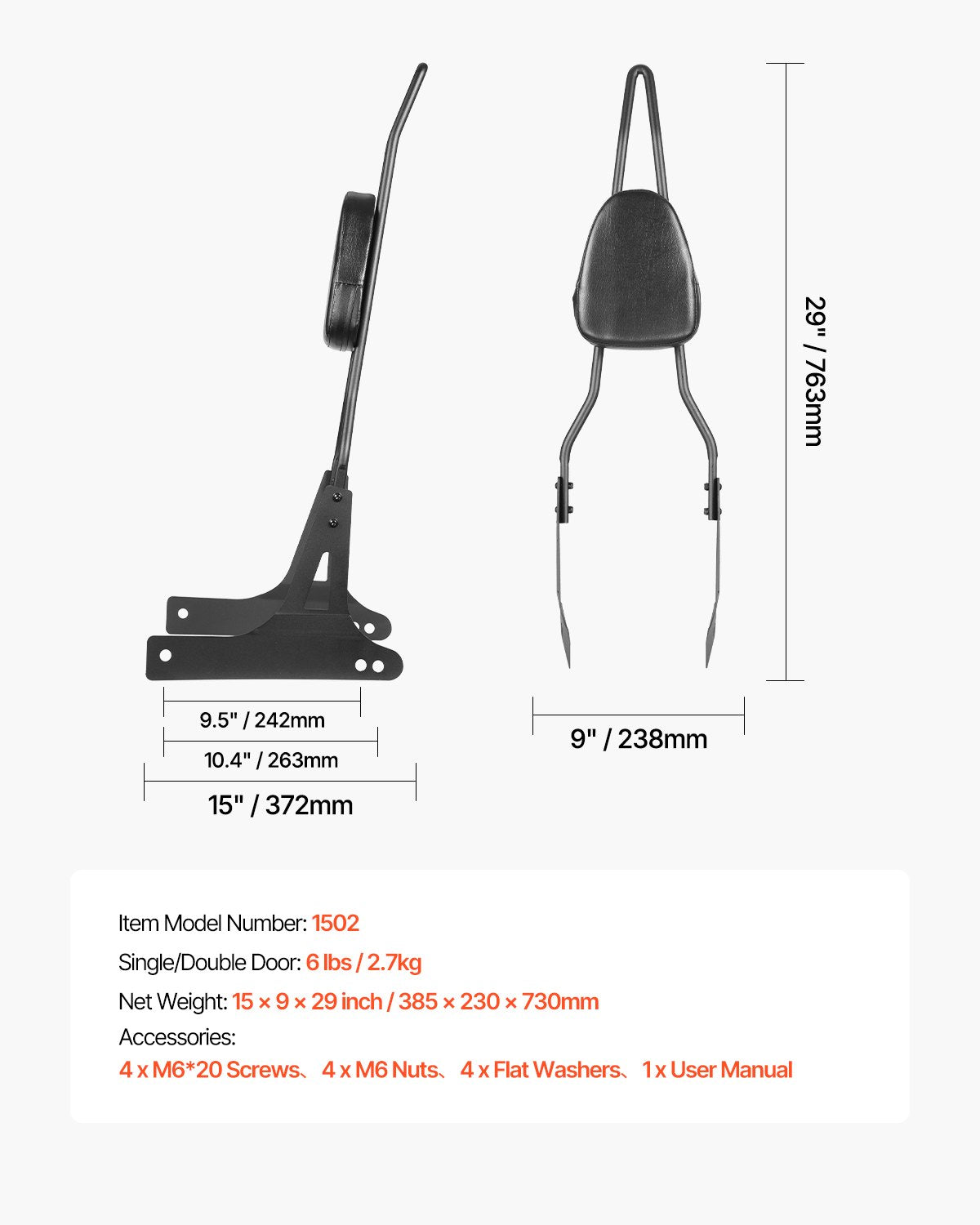 Motorcycle Backrest Sissy Bar, Compatible With Harley-Davidson Dyna Street Glide Road Glide Road King, 730mm Height Detachable Passenger Backrest, For Motorcycles, Black