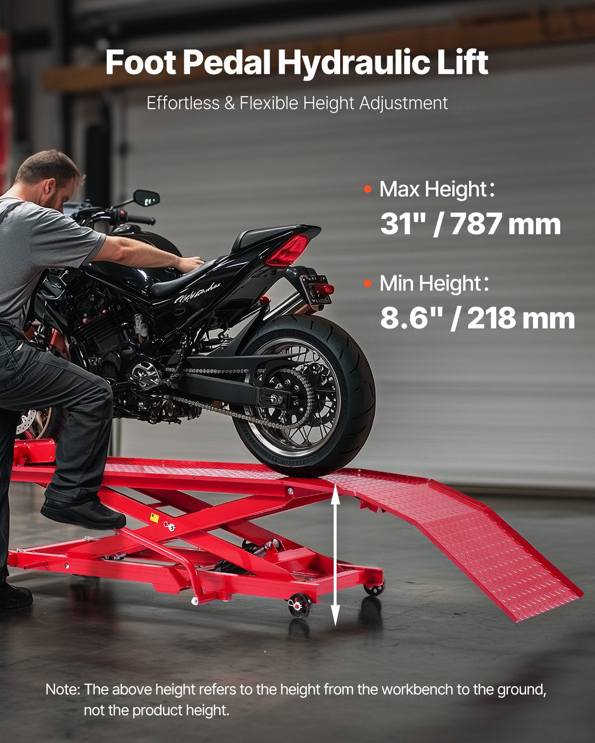 Motorcycle Lift Table, 1000lbs Weight Capacity, 360° Flexible Moving Motorcycle Jack Stand, 8.6-31 in Height Range, Heavy Duty Bike Repair Stand with Security Lock for ATVs, Dirt Bike